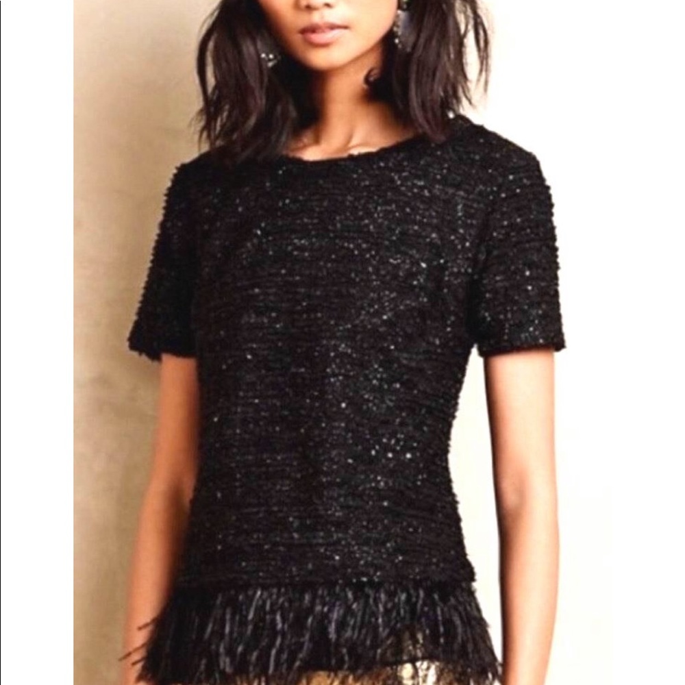 Anthropologie Tweed Blouse w/ Feathers